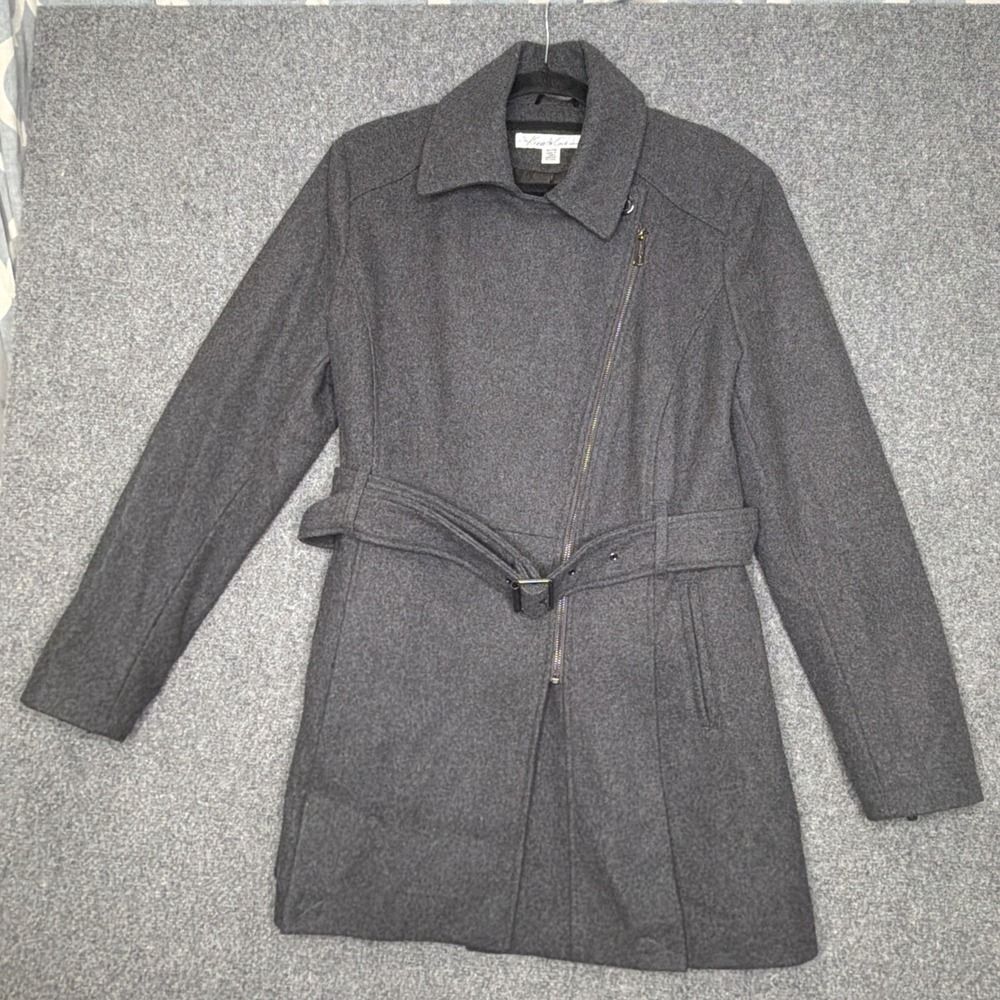 Kenneth Cole New York Womens Grey Wool Blend Asymmetrical Zip Belted Coat XL